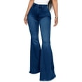 thumbnail image 3 of Avamo Women Bell Bottom Elastic Waist Flared Jean Raw Hem Denim Pants, 3 of 8