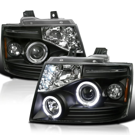 Spec-D Tuning Black LED Halo Projector Headlights Compatible with 2007-2014 Chevy Avalanche, Tahoe, Suburban 1500 2500, Left Right Pair Headlamps Assembly