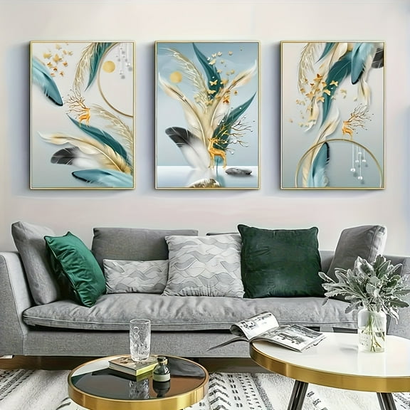 3 Pieces Creative Canvas Poster, Butterfly Bronze Blue Feather Abstract Painting, Gift Artwork Wall Painting, Bedroom, Office, Living Room, Home and Dormitory Decoration, Frameless Canvas Painting