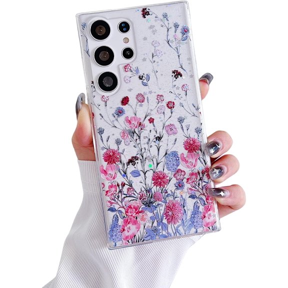 for Samsung Galaxy S24 Ultra Case Flowers Clear with Design Women Girls Flexible TPU Sparkle Glitter Thin Slim Cute Crystal Phone Cover