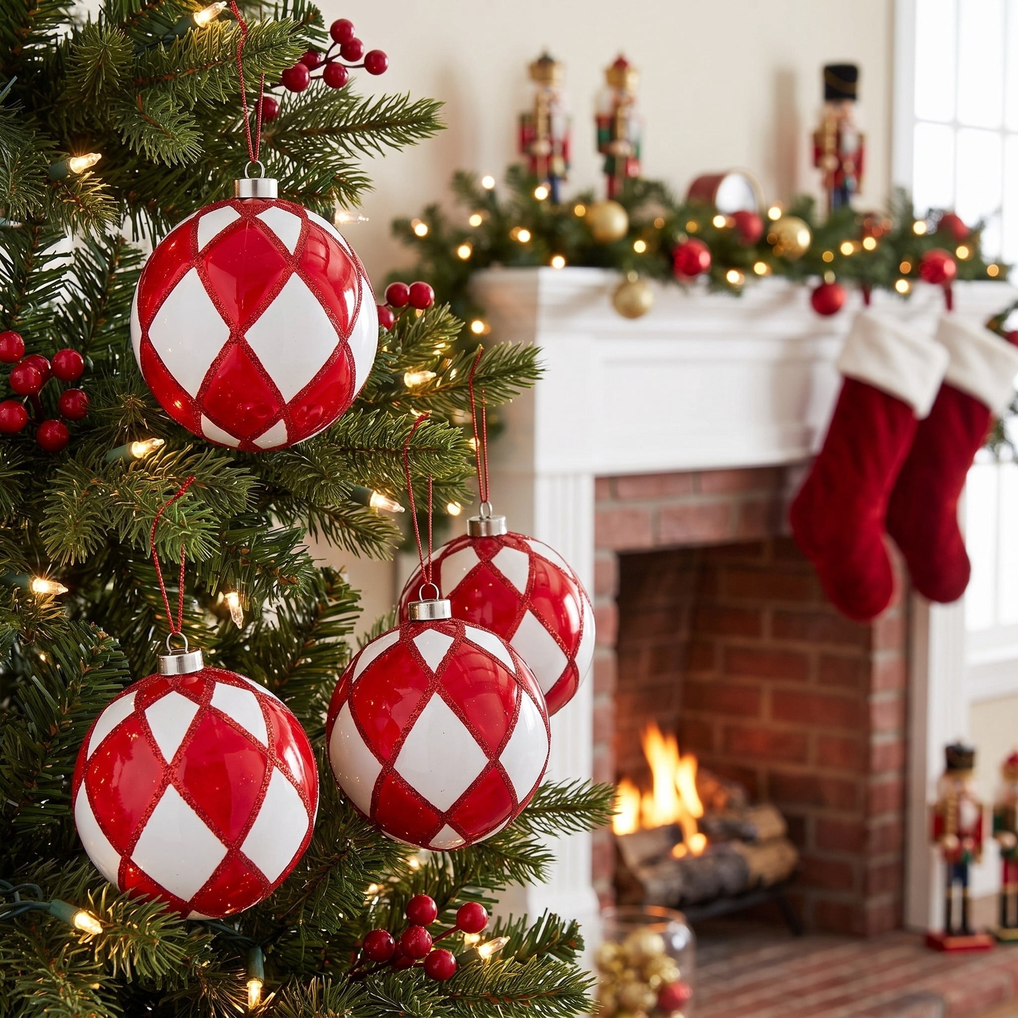 4-Count Red and White Diamond Ball Shatterproof Christmas Ornaments, 4.5", by Holiday Time