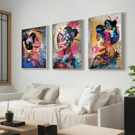 UNFFRAMED Japanese Geisha Graffiti Set Of 3, Bold Urban Pop Art Wall Decor With Gold Halo, Ready To Hang For Art Lovers Set 3 Prints 8x12