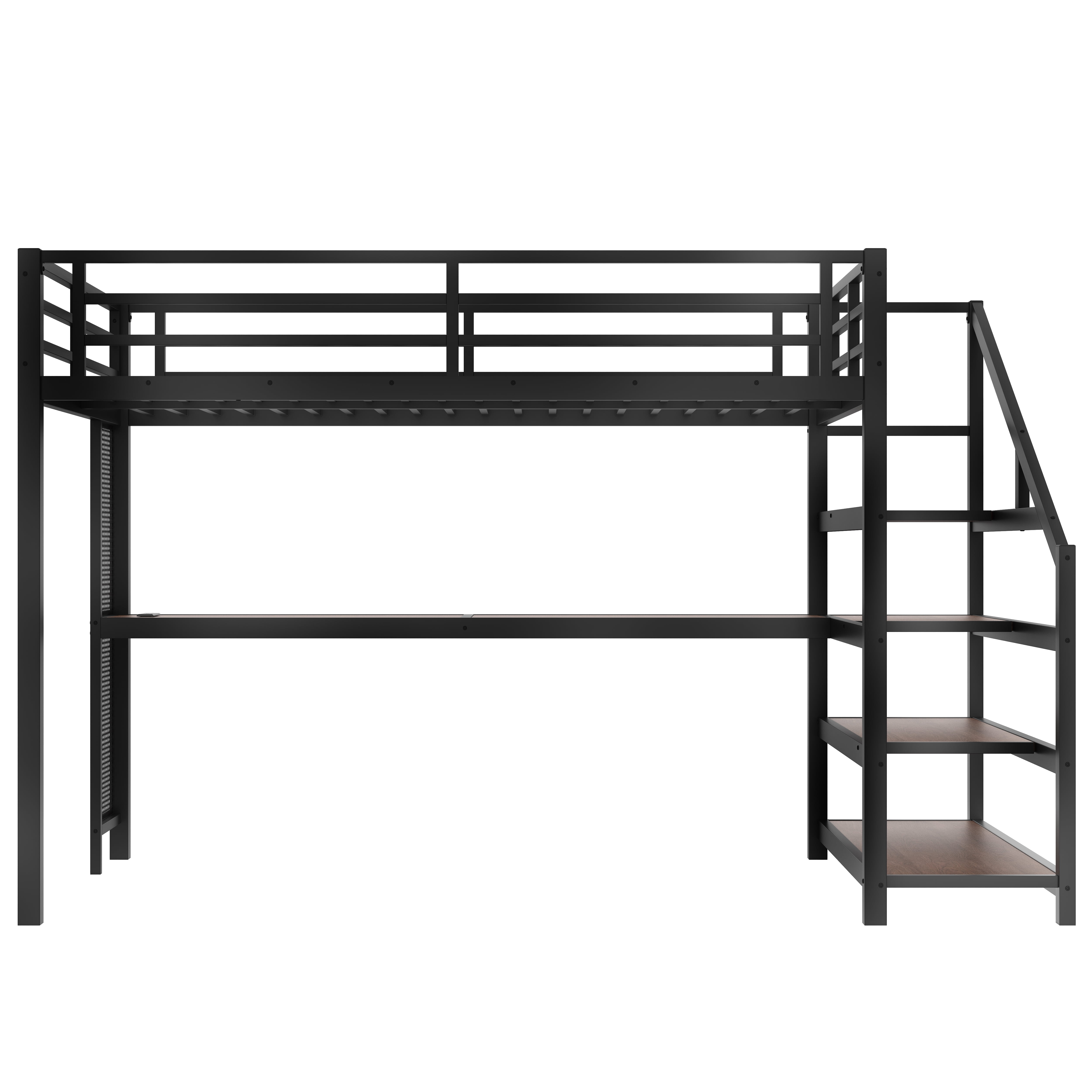 Mintazer Queen Loft Bed with LED Light & Desk and Charging Ports, Metal Loft Bed with Storage Shelves Stairs for Bedroom Playroom Game Room, Black