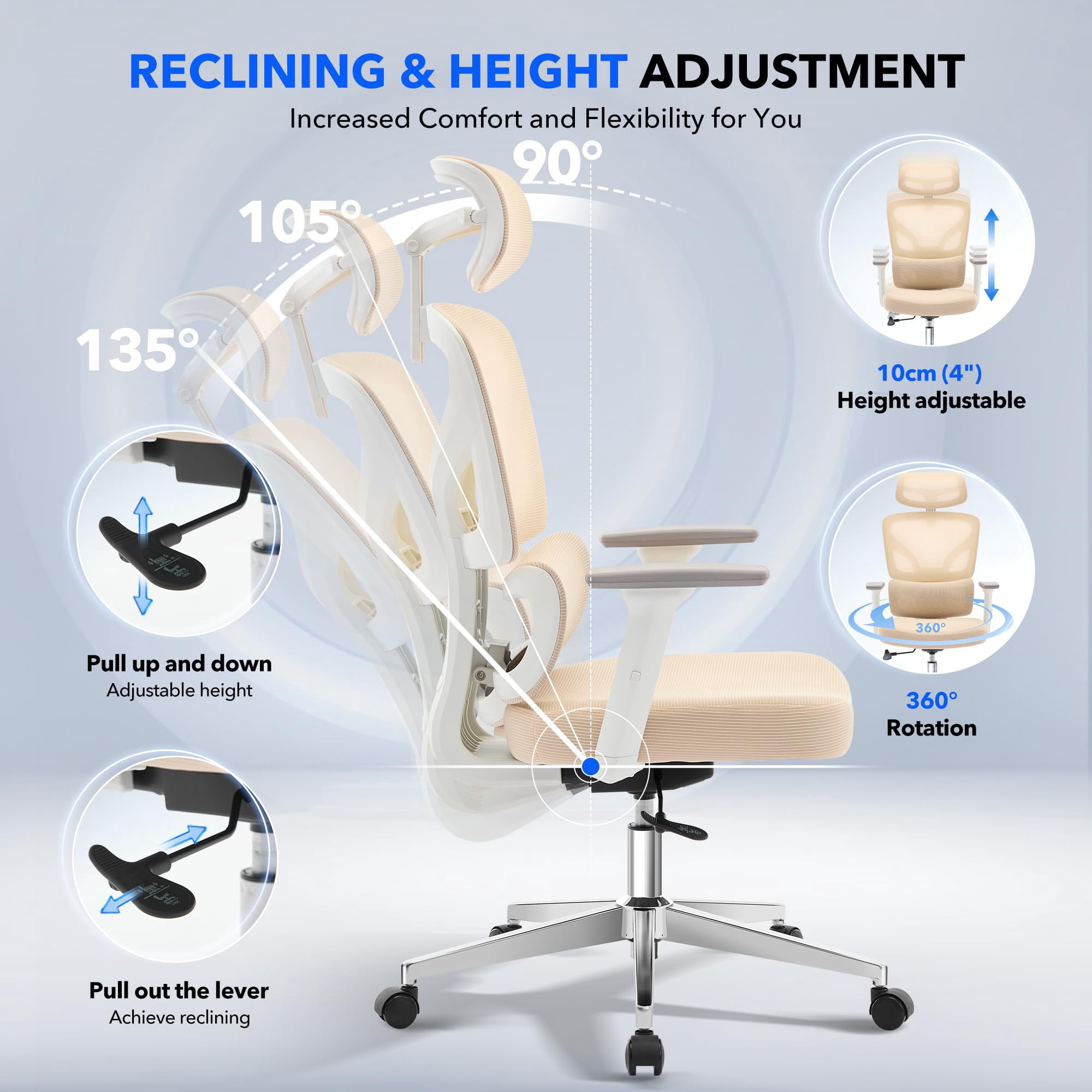 Ergonomic High-Back Mesh Office Chair – Adjustable Lumbar, 3D Armrests, Headrest & Recline – Breathable Swivel Desk Chair, Supports 300 lbs – White Frame & Beige, Electroplated Base