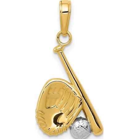 Sport Charm Baseball - 14k Yellow Gold w/Rhodium Baseball, Bat, & Glove (13x21mm) Pendant / Charm