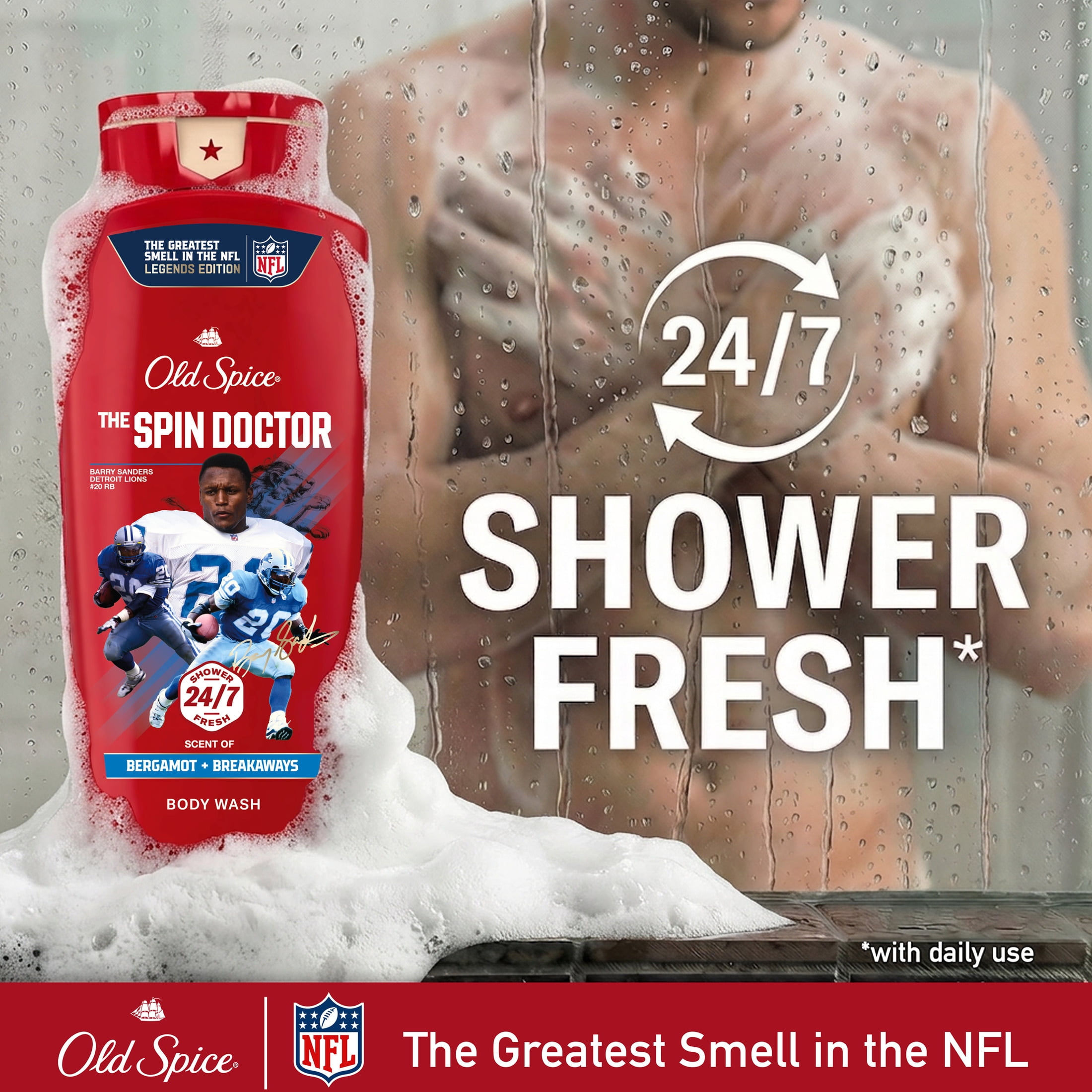 Old Spice Body Wash for Men, NFL Collection, Barry Sanders, Scent of Bergamot + Breakaways, 24 fl oz
