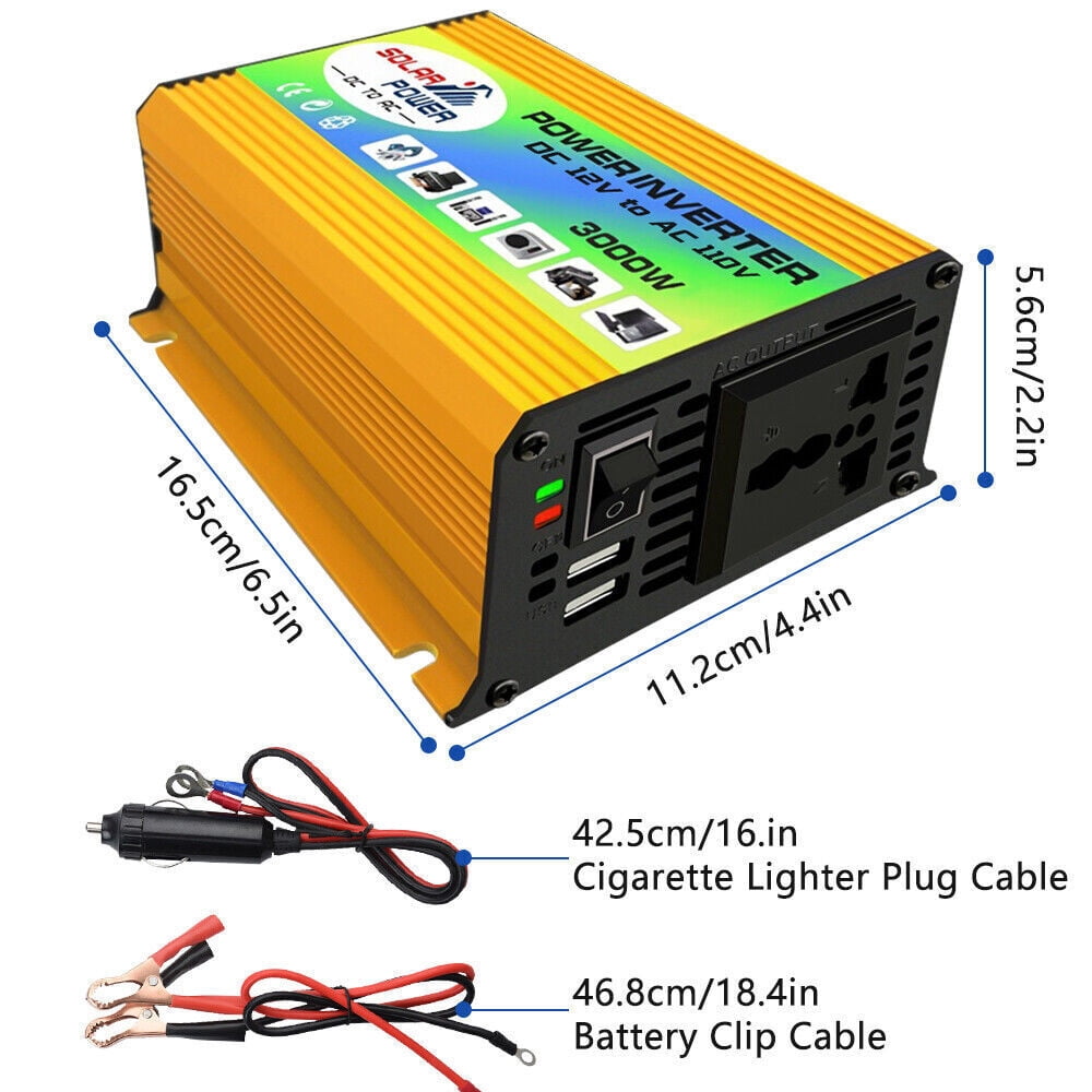 3000W Car Power Inverter DC 12V To AC 110V Sine Wave Solar Converter Dual USB US