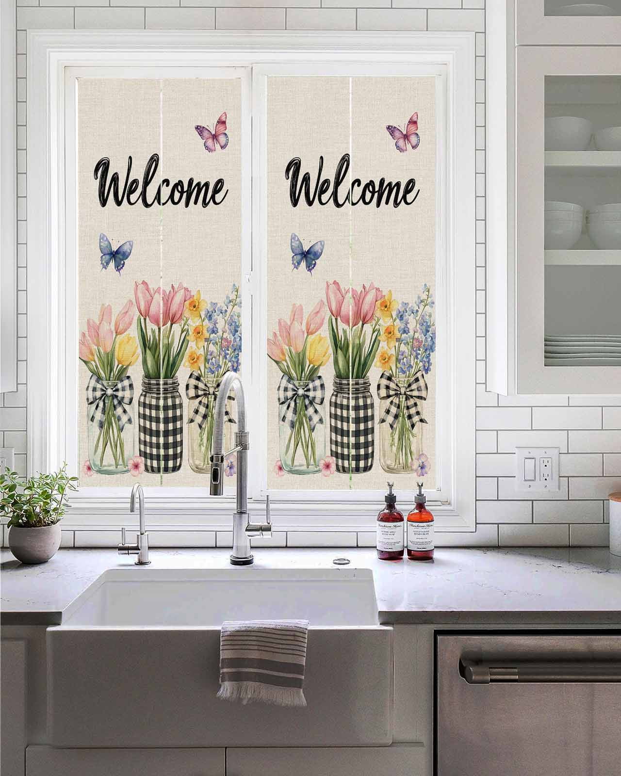 Window Privacy Film Spring Flowers Stained Glass Window Film Decorative Sun Block Window Cover Vintage Farmhouse Tulip Botanical Window Clings Static Adhesive Sticker for Bathroom 19.6"x39.3"