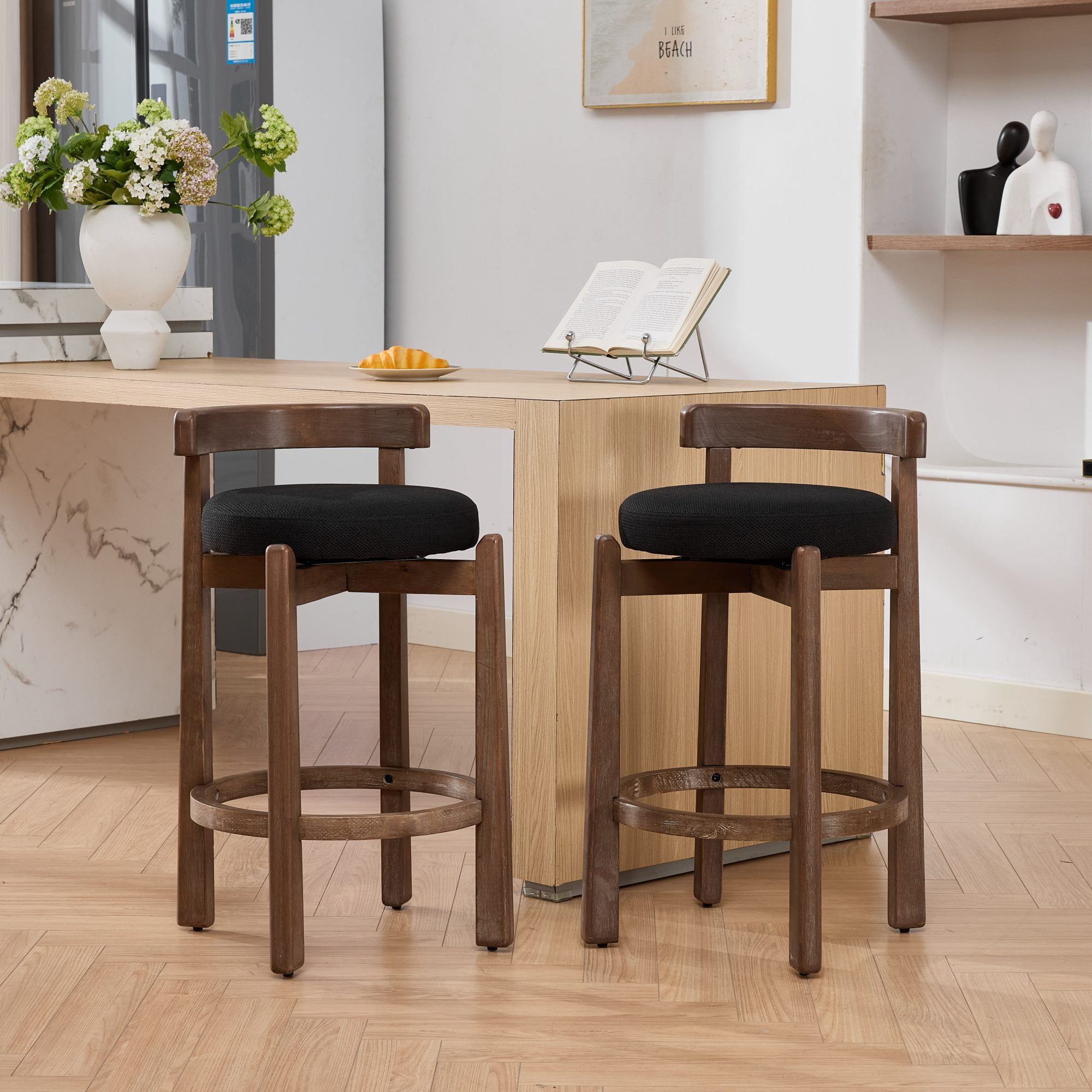 PORKISS Swivel Bar Stools Set of 2, Linen Upholstered Counter Height Stools with Solid Wood Frame, Mid-Century Kitchen Island Chairs with Round Footrest, Black