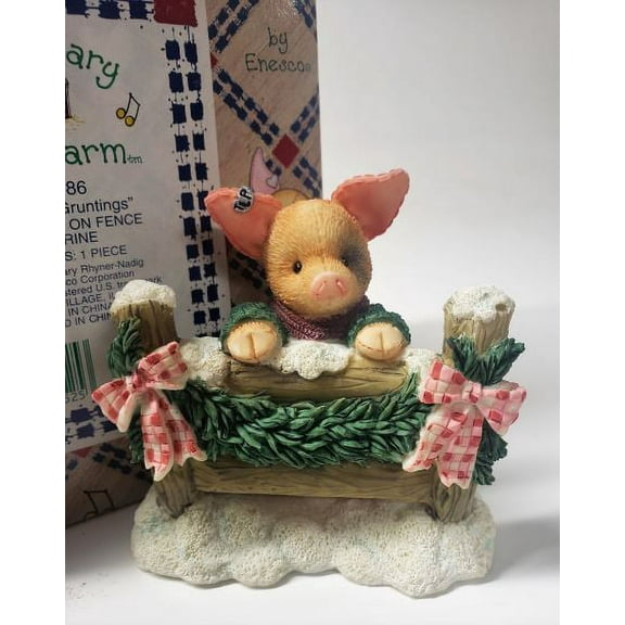 Enesco Mary Mary Had A Farm #274186 1997 "Seasons Gruntings" Pig Sitting on Fence Figurine