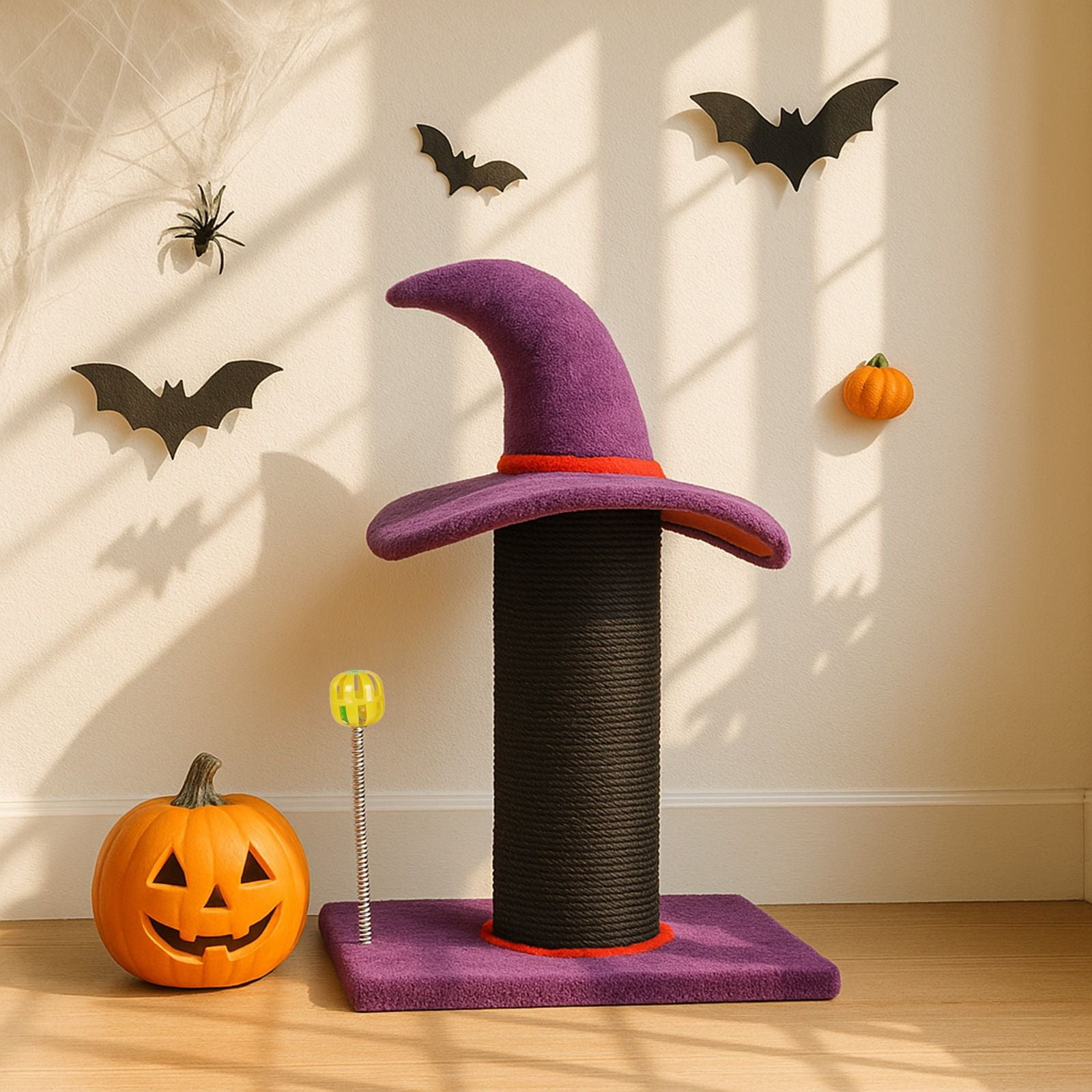 Halloween Cat Scratching Post with Wizard Hat Design, Sisal Rope Scratcher with Spring Ball Toy, Sturdy Base for Indoor Cats, 40*30*60cm
