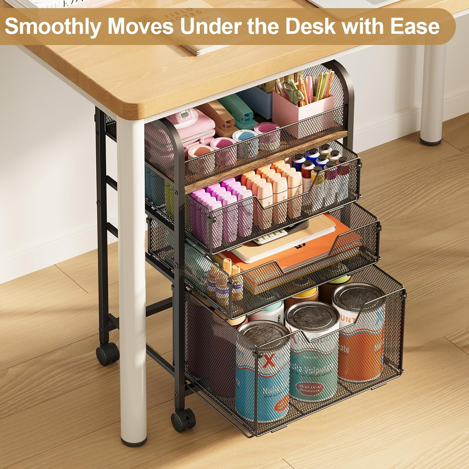 4-Tier Rolling Utility Cart with 3 Drawers-Craft Organizers and Storage with 360° Lockable Wheels,Art Supply Storage Organizer for Art Supplies, Store for Brushes & Paints & Artifacts Patent Pending