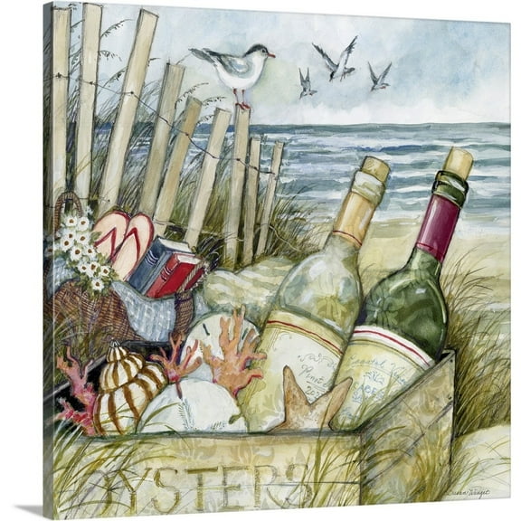 Great Big Canvas "Wine In Oyster Crate" by Susan Winget Silver Peach coastal Wrapped Canvas Print Wall Artwork