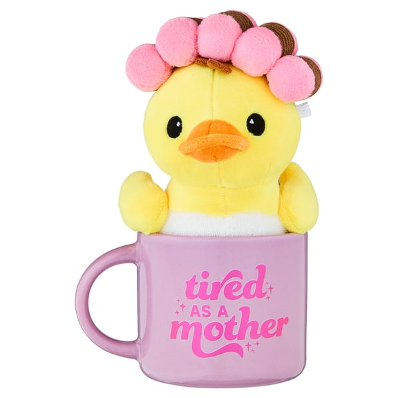 Duck in Hair Curlers Plush in Tired as a Mother Mug, Pink and Purple, Mother's Day by Way To Celebrate