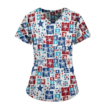 

Sksloeg Scrub Tops Women Stretchy Plus Size American Usa Flag Pattern Scrub Tops V-Neck Independence Day T Shirts Workwear Nurse Uniform Tee with Pockets White L