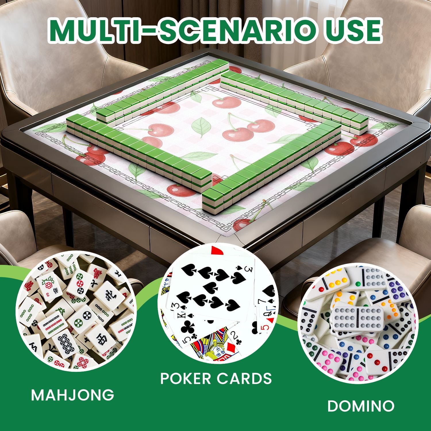 Mahjong Mat 31.5" x 31.5" Red Cherries Green Leaves Pink Gingham Non-Slip Noise Reduction American Mahjong Tiles Table Cover for Dominoes Poker Card Board Games Gift