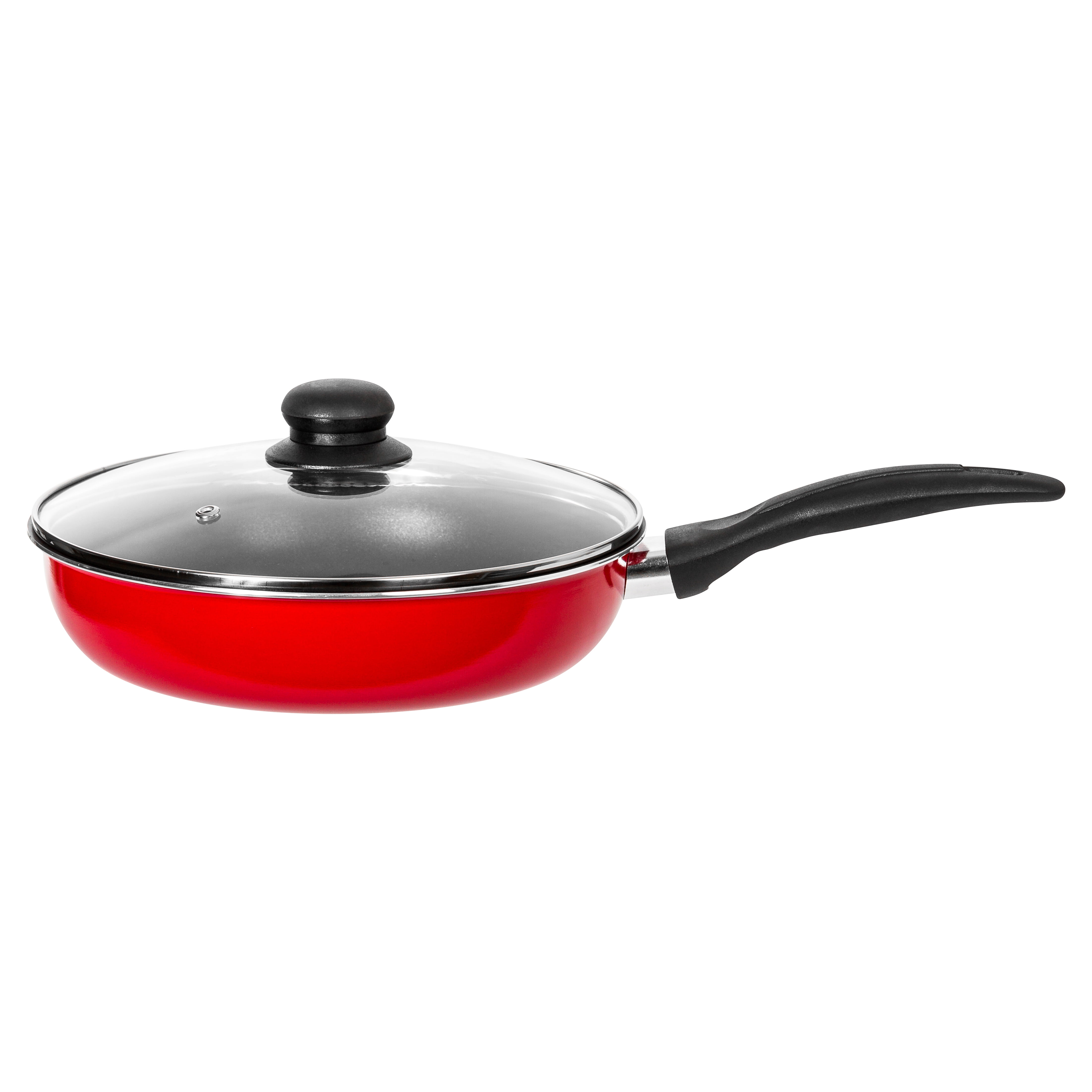 Healty Ceramic Fry Pan With Glass Lid Frying Pan 9.5" Red Black