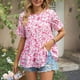 thumbnail image 3 of Bienvenido Blusa de manga corta con cuello redondo para mujer, elegante, informal, con estampado floral, blusa rosa L, 3 of 6