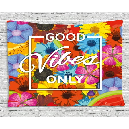 Good Vibes Tapestry, Exotic Blossoming Flowers in Lively Colors Spring Summer Season Tropic Accents, Wall Hanging for Bedroom Living Room Dorm Decor, 60W X 40L Inches, Multicolor, by