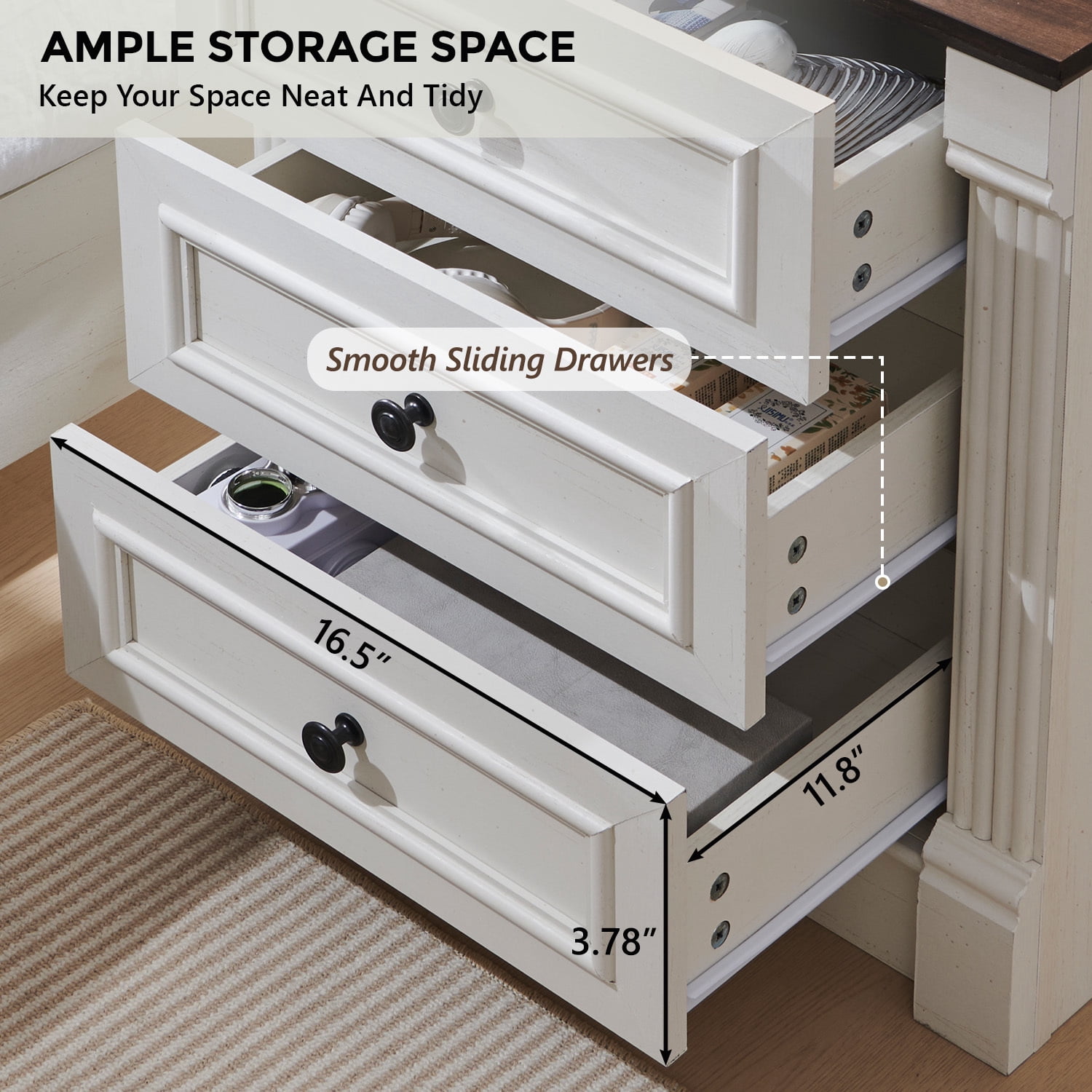 wow97e Farmhouse 3-Drawer Nightstand with Charging Station, Wood End Table with Roman Column for Bedroom, White