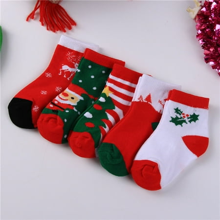 

5 Pairs Baby Boys Girls Socks Christmas Element Pattern Wear-resistant Kids Middle Tube Stretchy Socks for Part