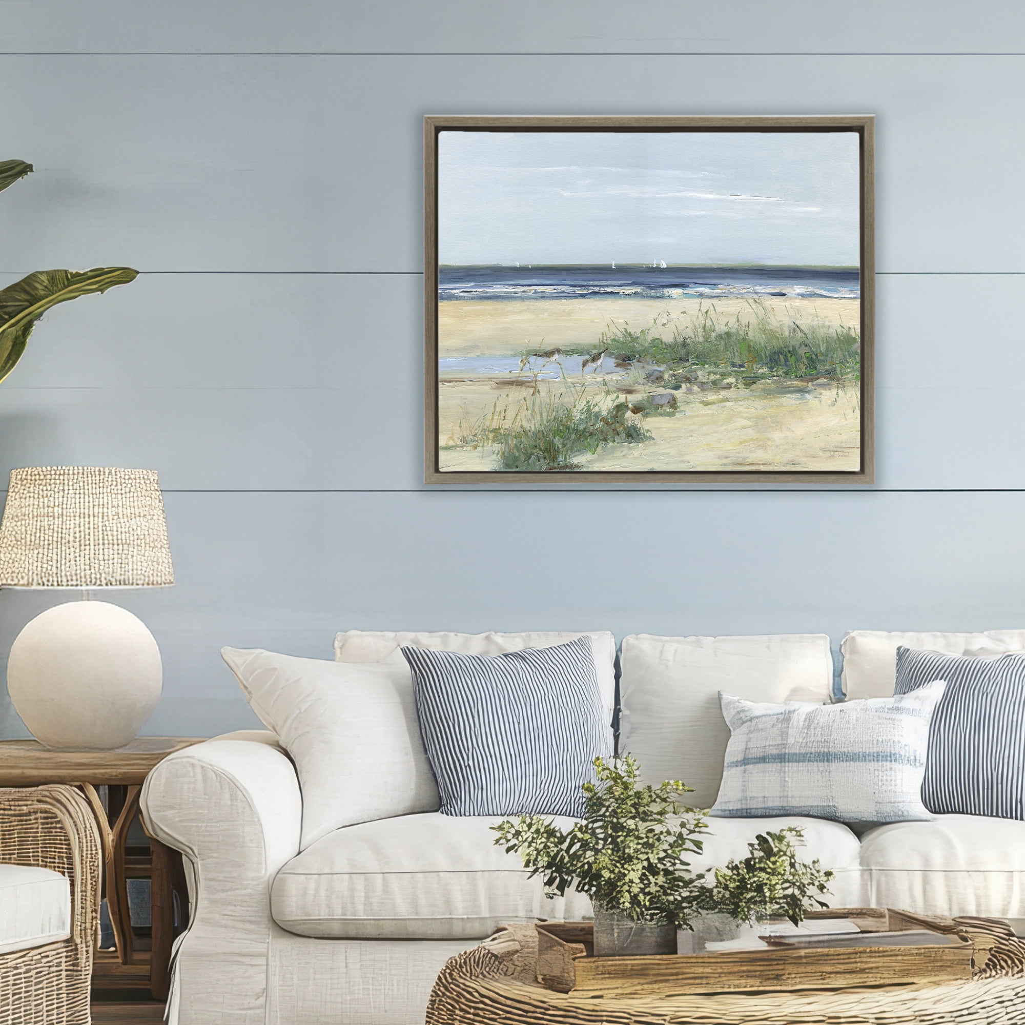 Stupell Industries Beach Marsh Sandpipers Brown Framed Floater Canvas Wall Art, design by Sally Swatland