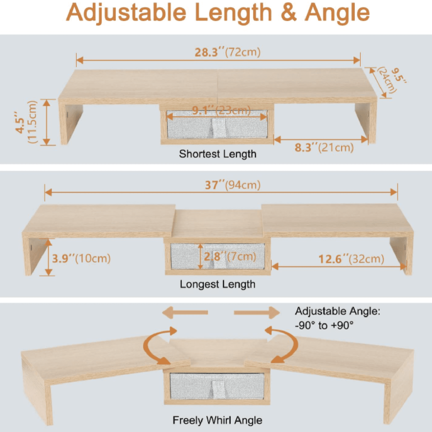 3 Shelf Monitor Stand Riser with Drawer-Length and Angle Adjustable Dual Monitor Riser with Storage Corner Desk Shelf Organizer Large Computer Stand for 2 Monitors/Laptop (Maple, 1 Drawer)
