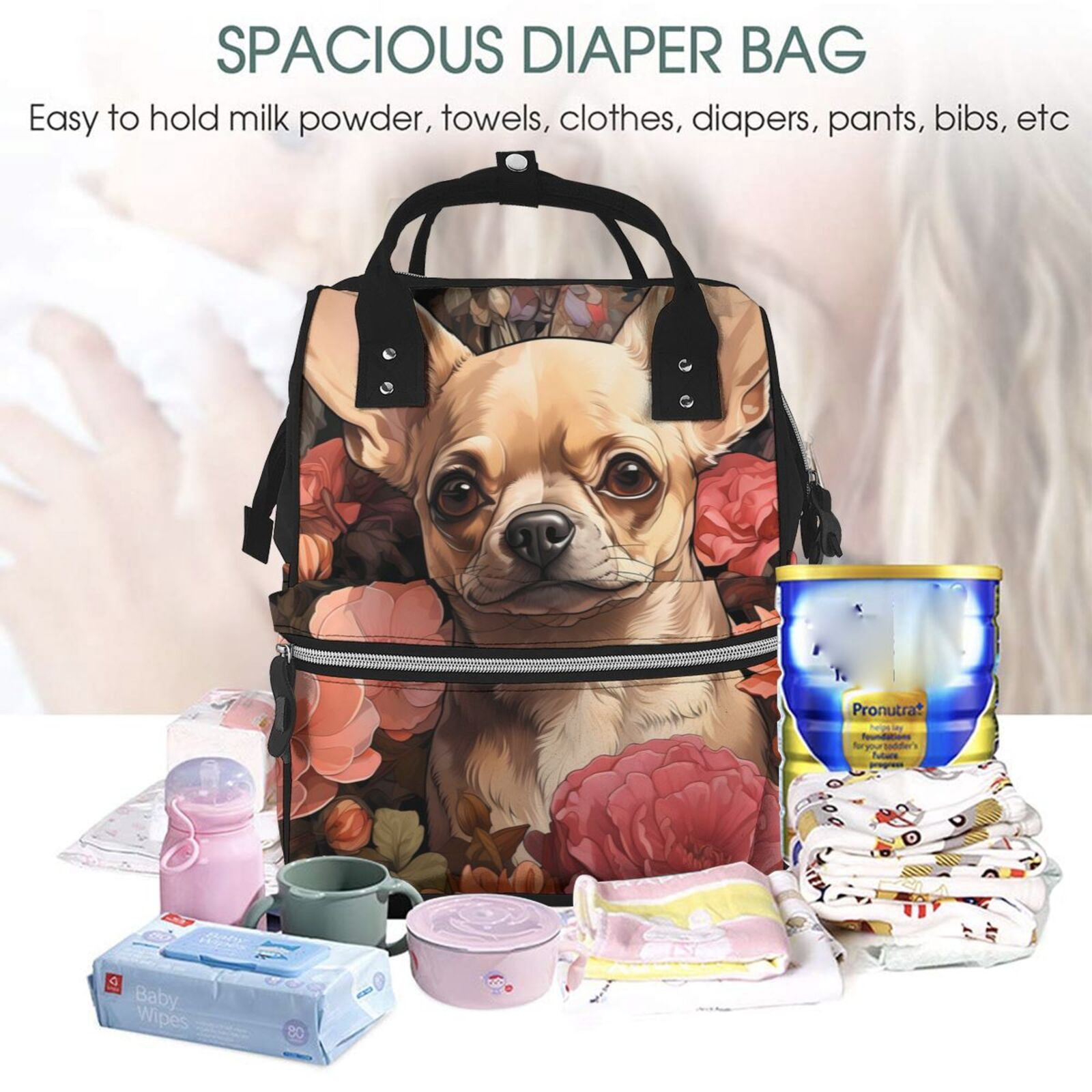Ratiio Vintage Red Flower Chihuahua Mummy Backpack - Waterproof Twill Canvas, Large Capacity Diaper Bag with Multiple Pockets and Adjustable Straps