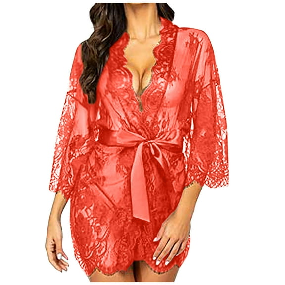 Summer Savings Clearance 2024! TAGOLD Womens Lingerie Bra, Women Temperament Versatile Solid Color Sexy Lace Nightgown With Belt Thong Pants