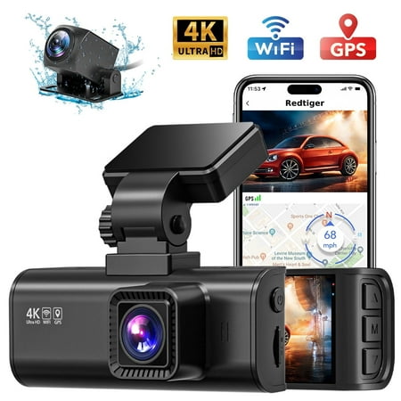 REDTIGER Dash Cam Front and Rear Dash Cam 4K with WiFi & GPS 4K/2.5K Front+1080P Rear Dashcam Dash Camera with Night Vision 3.18 LCD Screen Loop Recording Black