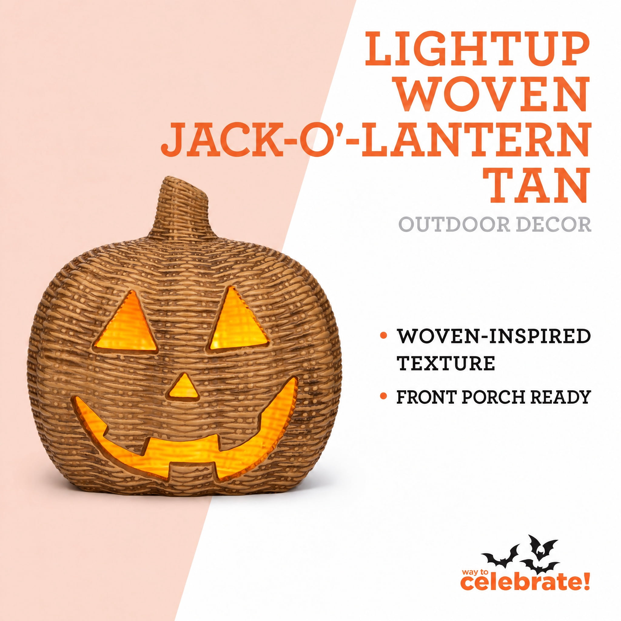 Light-Up Woven Jack-o'-Lantern Decoration, Tan, 8.6", Halloween by Way To Celebrate