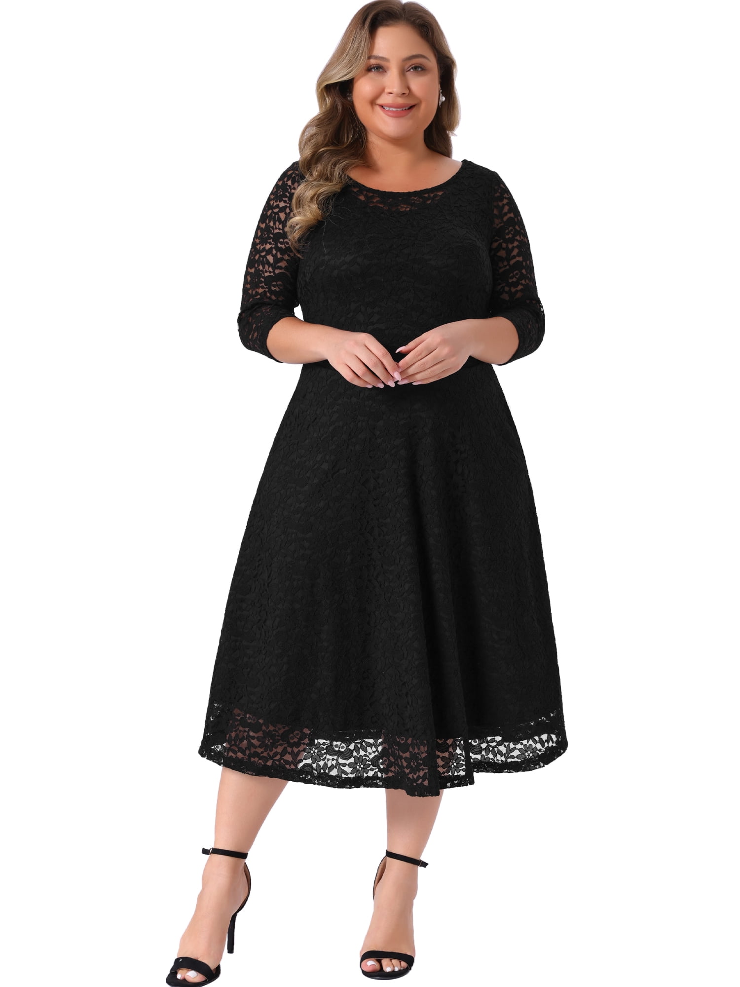 DARING DIVA Women's Plus Size Floral Lace 3/4 Sleeves Pocket Cocktail Dress 1X Black