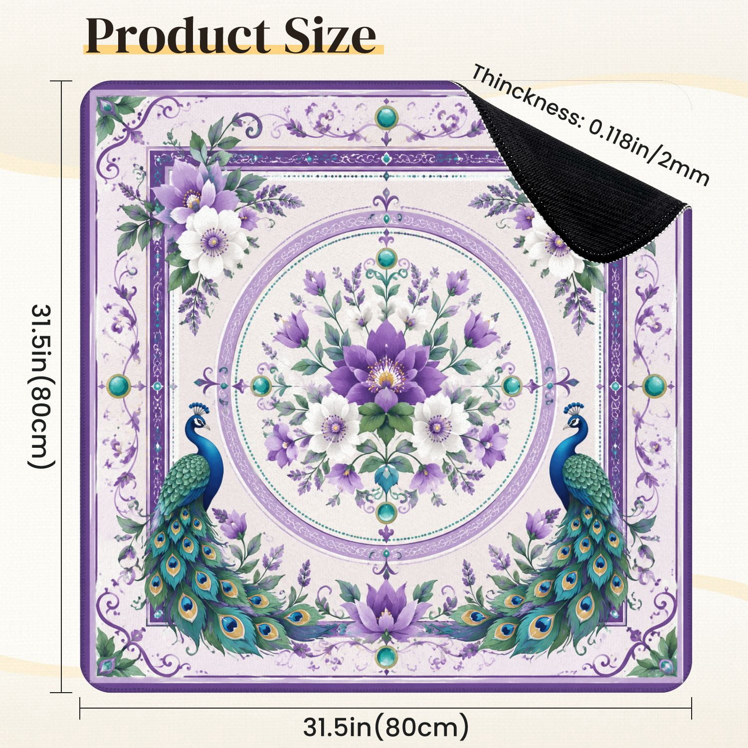 Mahjong Mat 31.5" x 31.5" Elegant Purple White Floral Peacocks Ornamental Border Non-Slip Noise Reduction Mahjong Tiles Table Cover for Dominoes Poker Card Board and Tile Games