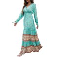thumbnail image 3 of Pudcoco Robe Longue Femme, Imprimé Floral Col en V Manches Longues Nouée une-Pièce pour Printemps Automne, 3 of 5
