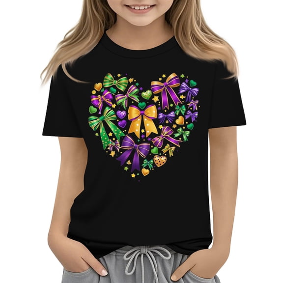 CCRFTGI Mardi Gras Shirt for Kids Girls Size 7 Funny Coquette Bow Heart Shirts Fashion Beads T-Shirt Party Crewneck Gift T-Shirt Black 2-3 Years