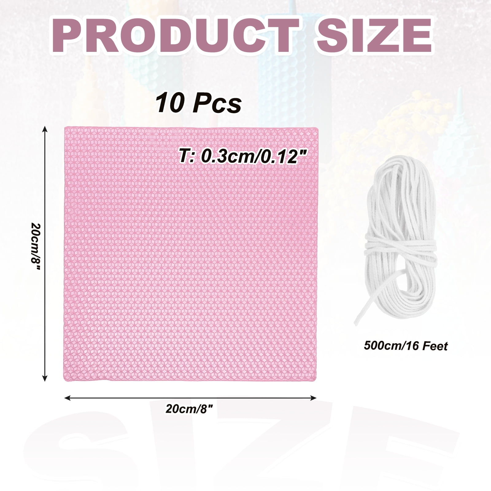 10pcs Beeswax Candle Making Kit, 8"x8" Pink Beeswax Sheet with 1pcs Wick