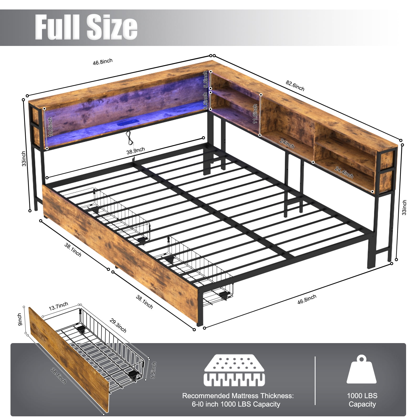 Miniyam Full Size Bed with Storage, Bookcase, LED Lights and Drawers for Teens, Brown