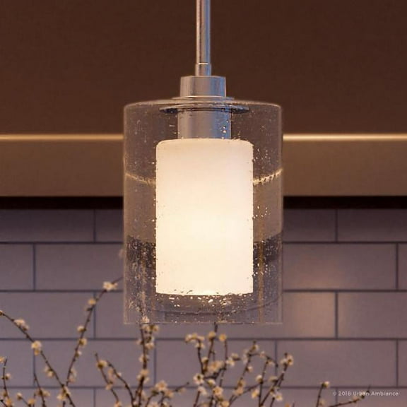 Urban Ambiance Luxury Modern Pendant, Size: 10"H x 5-7/8"W, with Farmhouse Style Elements, Polished Chrome Finish and Etched White Inner, Seeded Glass Outer Shade, UHP2260