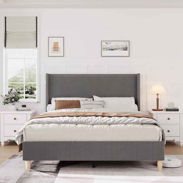 Full Size Platform Bed Frame, Upholstered Wingback Headboard & Footboard, Tufted Corduroy Fabric, No Box Spring Needed, Easy Assembly, Modern Bedroom Furniture (Grey)