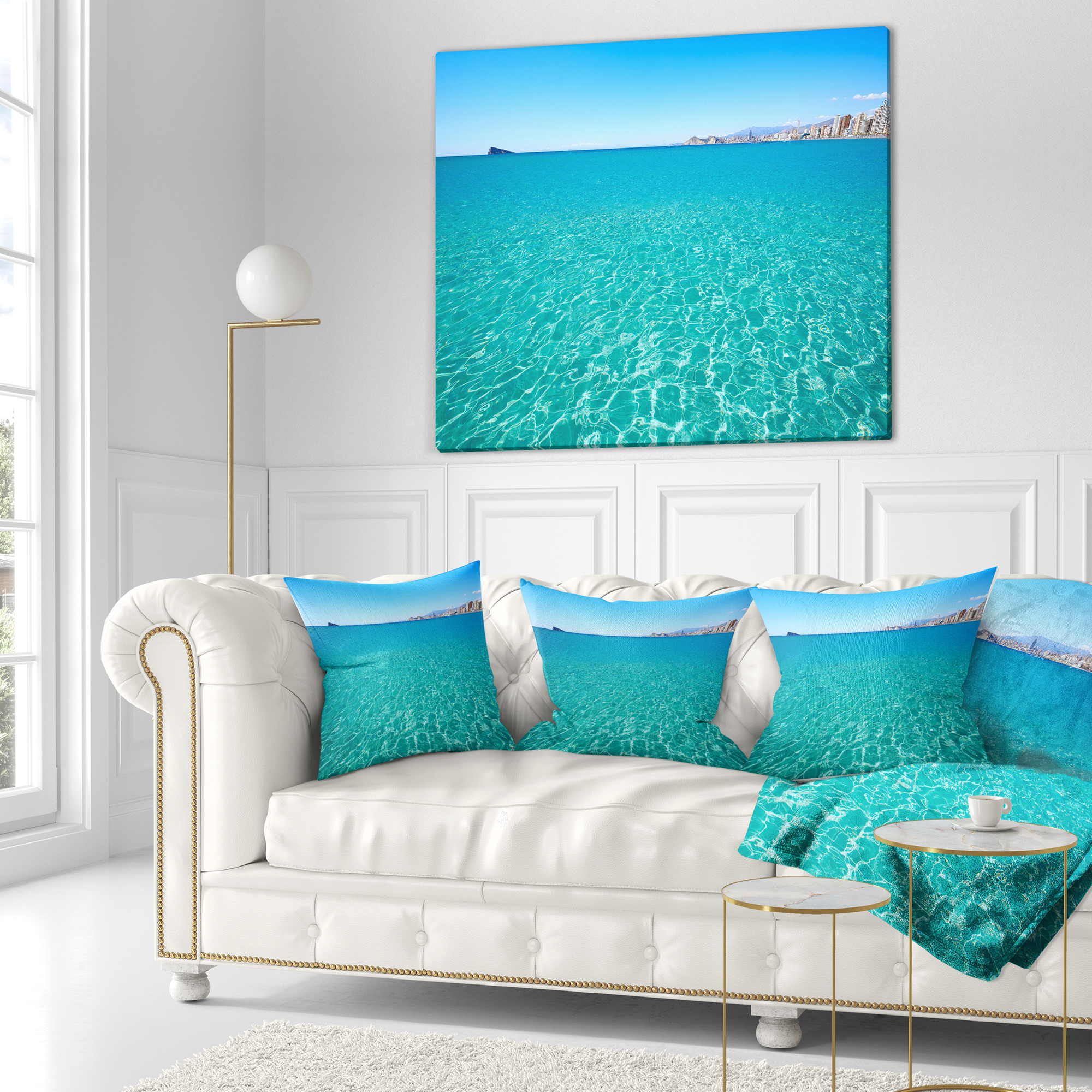 Designart Blue Benidorm Levante Beach - Seascape Throw Pillow - 18x18