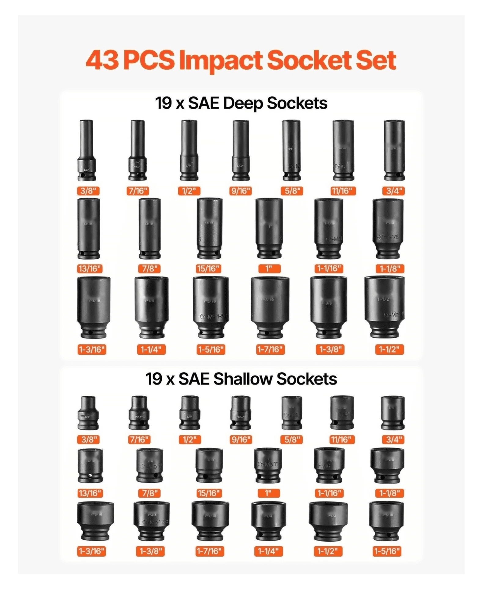 Impact Socket Set 43pcs 1/2 Drive - 6-Point Bit Ratchet Tool Kit with Case - Automotive Repair, Mechanic, Industrial - Cr-Mo Steel