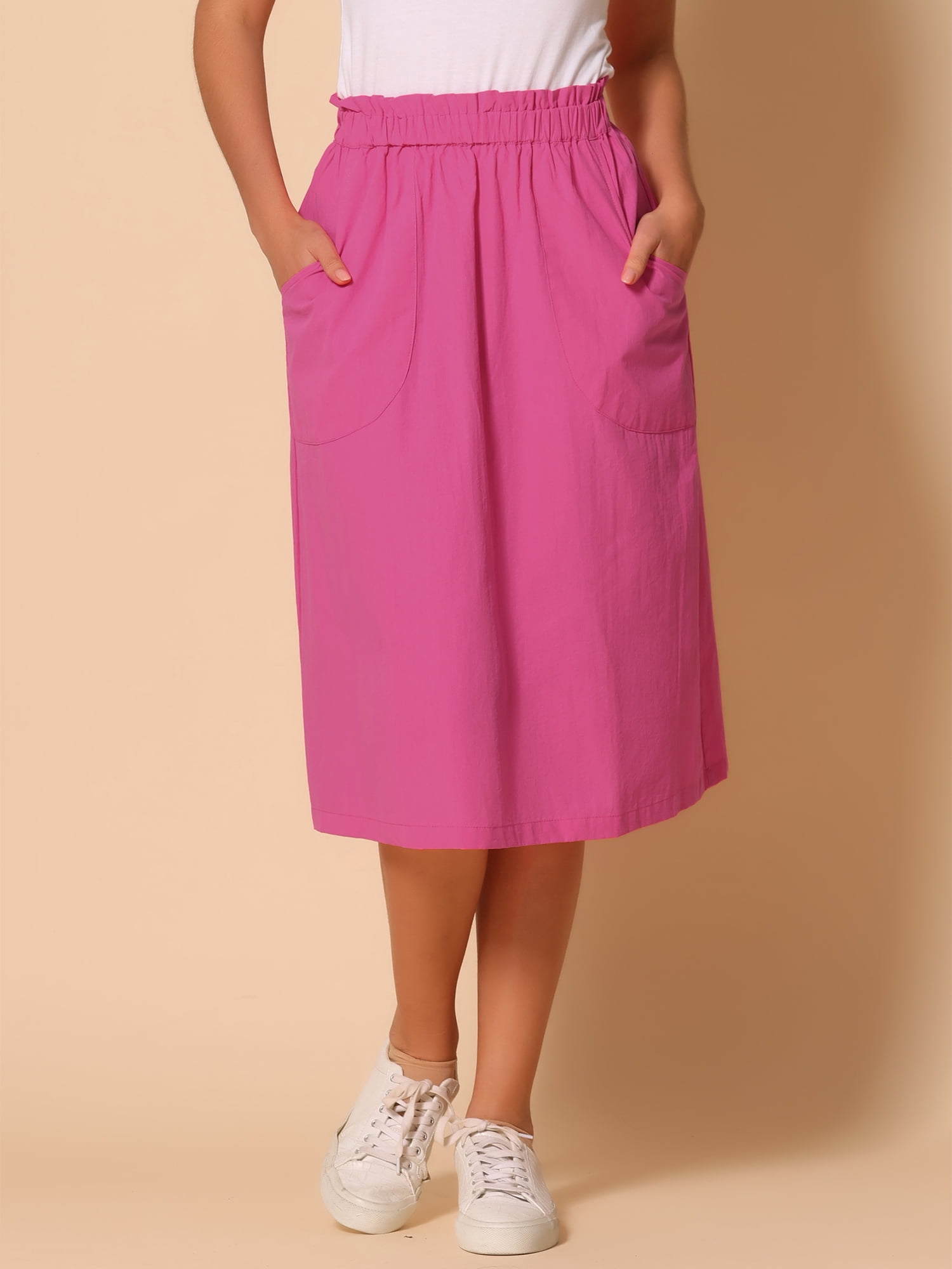 DARING DIVA Women's Cotton A-Line Midi Skirt with Pockets XS Hot Pink