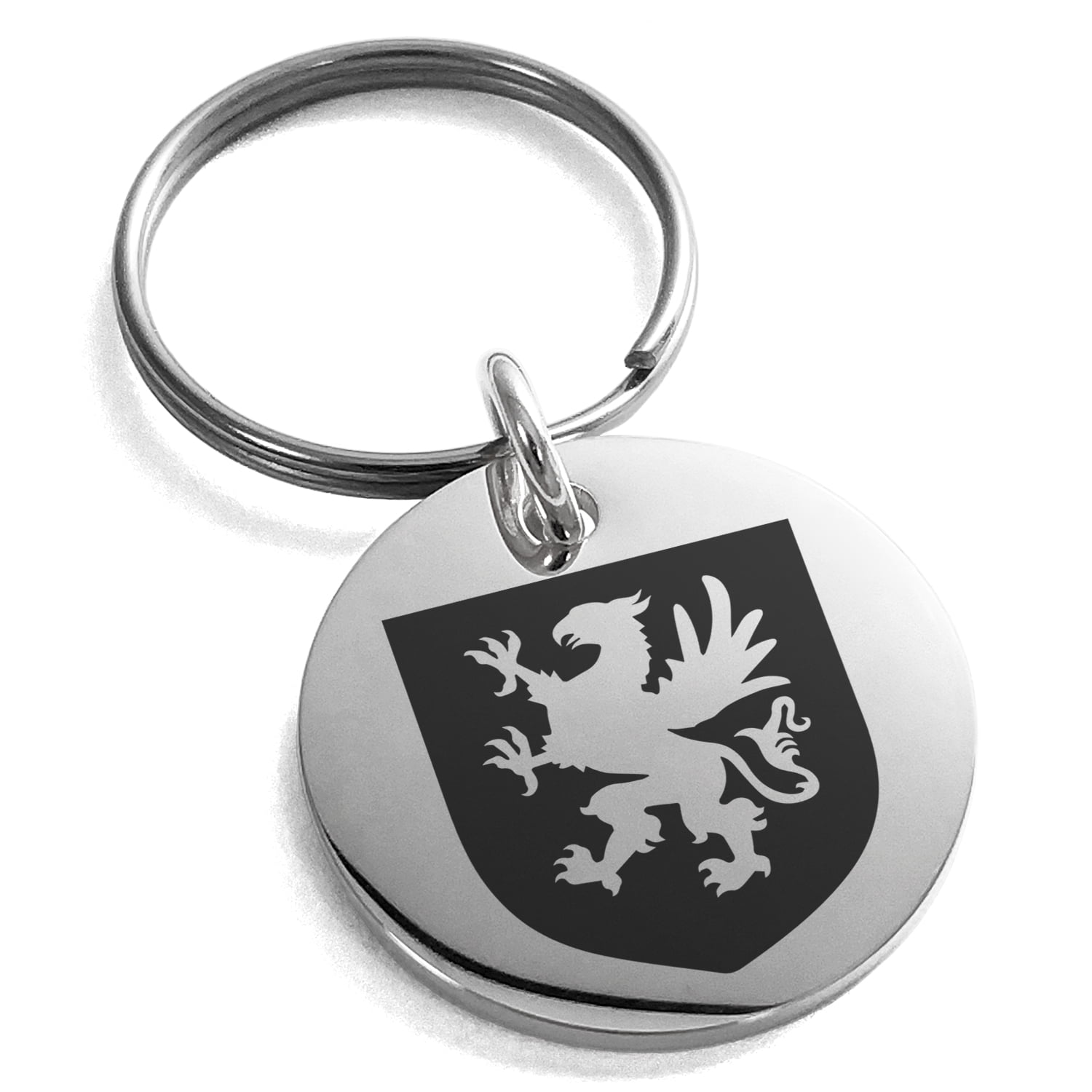 Stainless Steel Griffin Valor Coat of Arms Shield Engraved Small Medallion Circle Charm Keychain