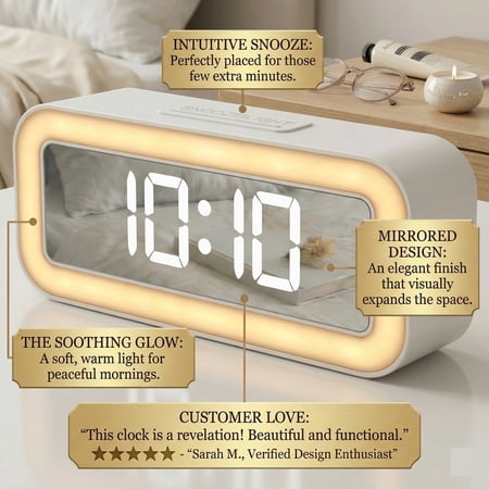 K26 Quartz Digital Modern Alarm Clocks, Dual Alarms, Dual USB Charging, Halo Night Light, Dimmable Display, Indoor Temperature, Battery Backup