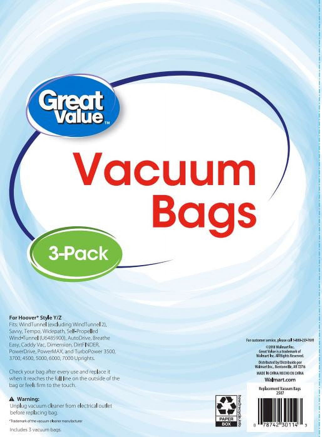 Great Value Hoover Style Y Z Vacuum Bag, 3-pack, 2507