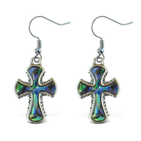- Aqua Jewelry - Earrings - Dangle Post - Fish Hook - Natural Paua - Cross