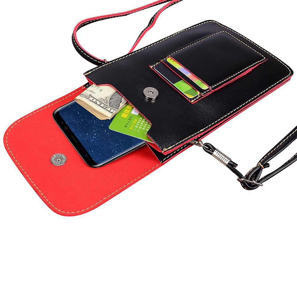 3-PACK: Vegan Leather Vertical Crossbody Smartphone Pouch Wallet (Black) with Removable Adjustable Shoulder Strap, Card Slots, Magnet Button Clasp - fits Smartphones up to 6.5-inch