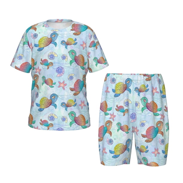 Balery Colorful Sea Turtle Conjunto de Pijama Infantil de Manga Corta con Estampado – Ropa de Dormir de Algodón Suave-3X-Large