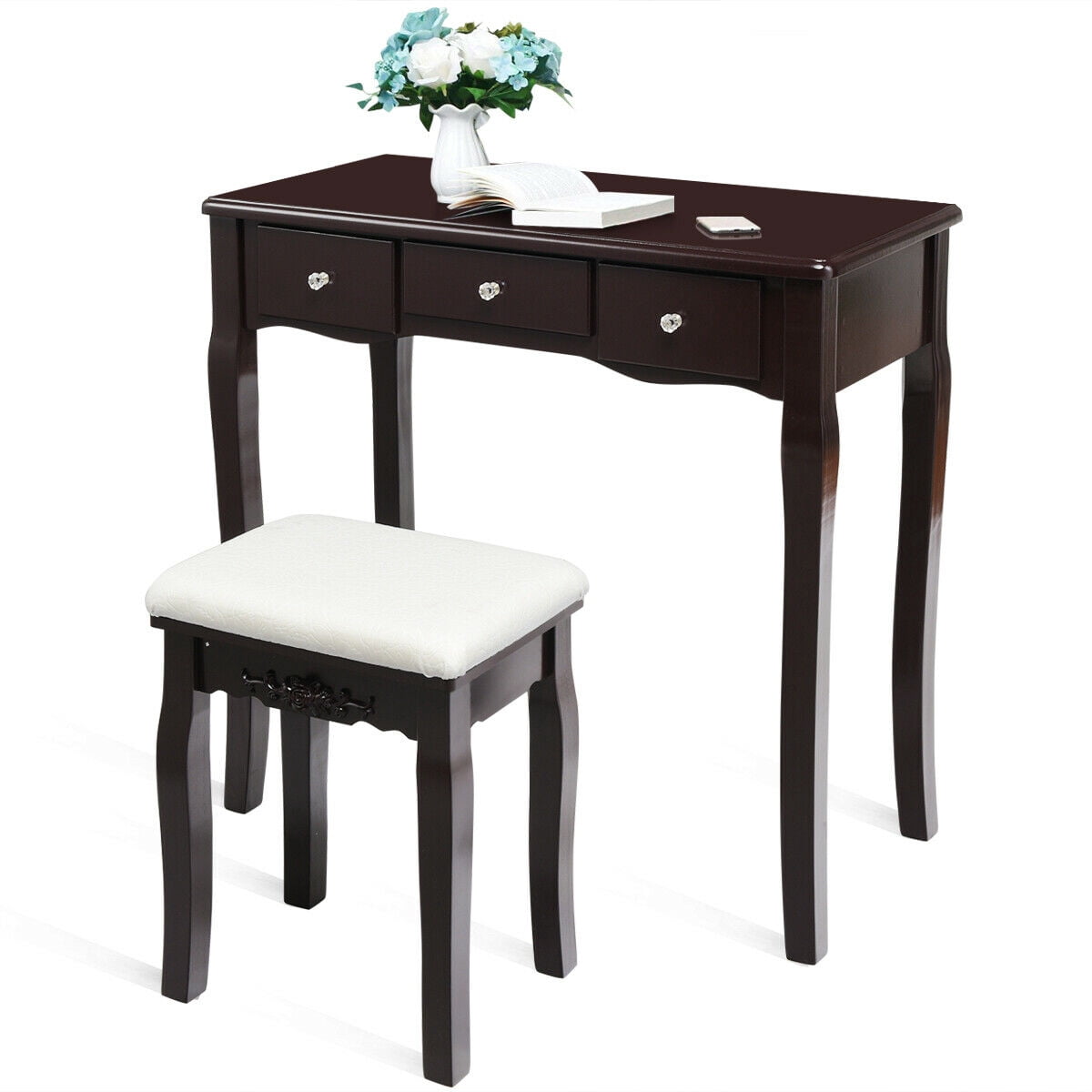 Gymax Vanity Dressing Table Set w/ 10 Dimmable Bulbs Touch Switch & Removable Box Brown