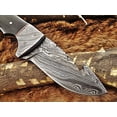 thumbnail image 3 of 8" Long skinning knife, 4" full tang gut hook blade, hand forged Damascus steel, Bull horn with Damascus bolster scale, Cow Leather sheath, 3 of 8